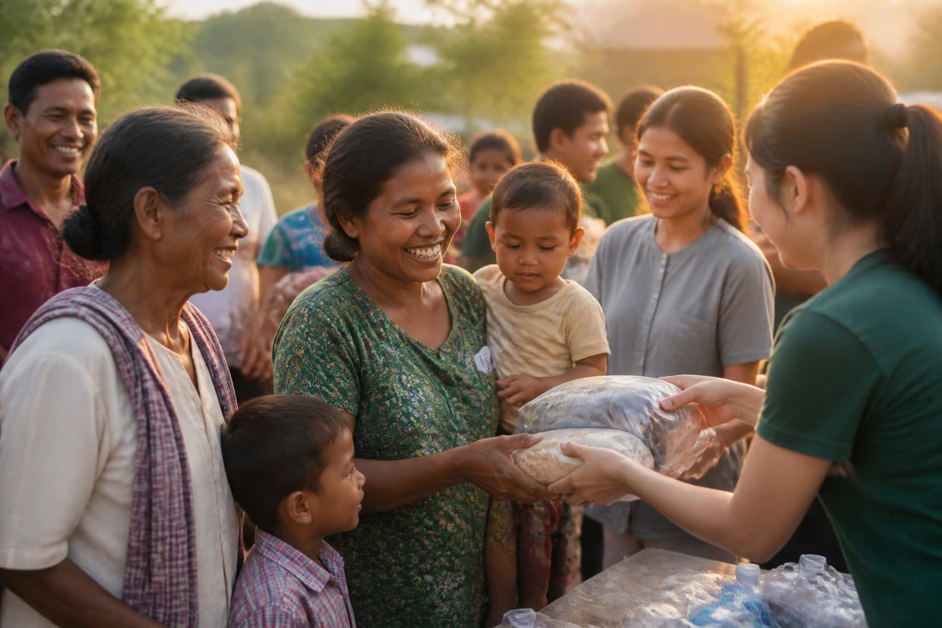 Volunteers distributing food and supplies to families at a community outreach